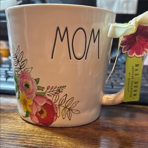 Rae Dunn MOM Floral Ceramic Mug - White with Pink, Red, Yellow, Green Accents